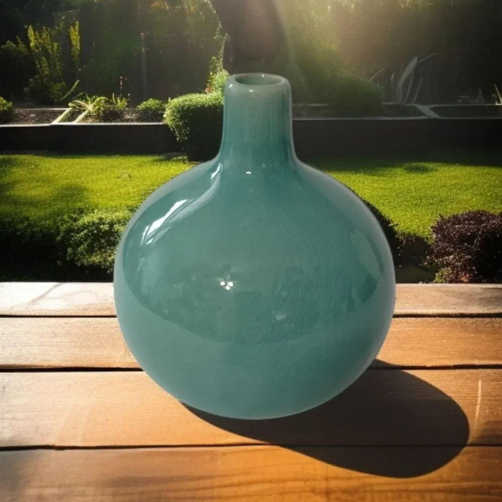 Crate & Barrel Bud‎ Vase Perry Aqua Round Ball Ikebana Coastal Beach House Farm.